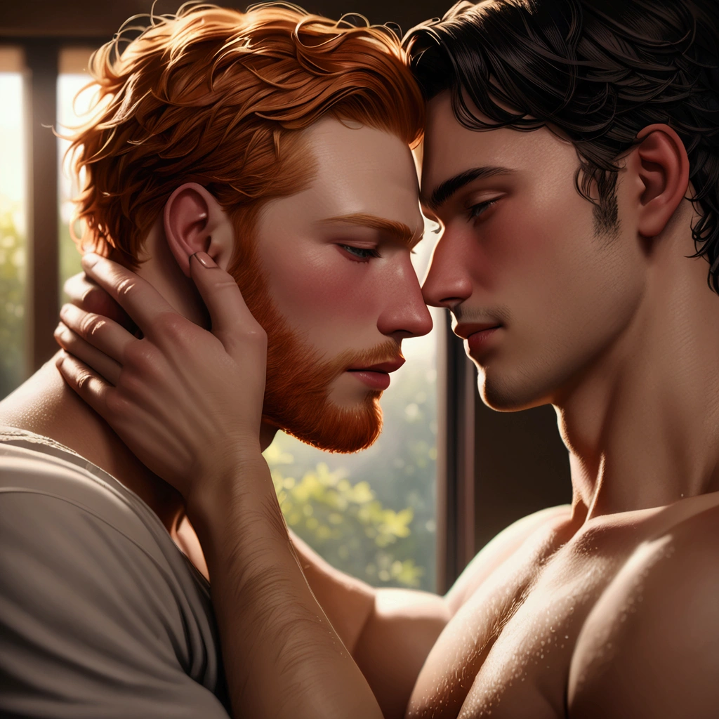 A romantic intimate embrace between a ginger-haired and black-haired gay couple, highly detailed, ultra-realistic, cinematic lighting, warm color palette, soft focus, masterpiece, dramatic, passionate, tender, loving, emotional, intimate, close-up, (best quality,8k,highres,masterpiece:1.2),ultra-detailed,(realistic,photorealistic,photo-realistic:1.37),chiaroscuro lighting,dramatic pose,emotional expression,soft skin,detailed facial features,mesmerizing eyes,lush hair,intimate touch,deep connection,romantic atmosphere