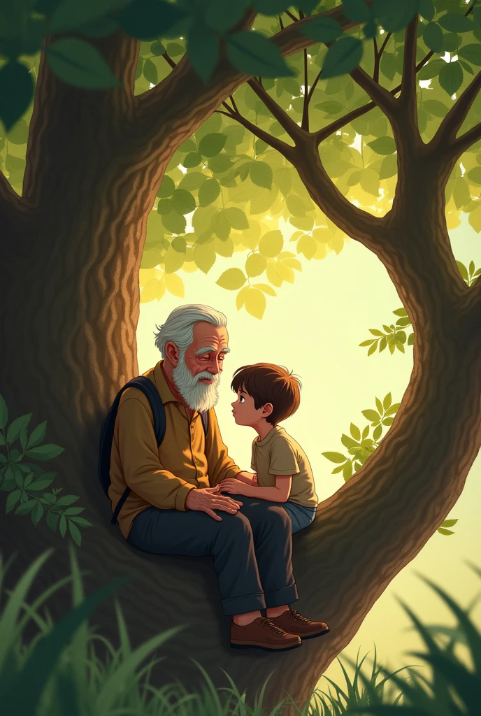 A old man and child boy setting in tree