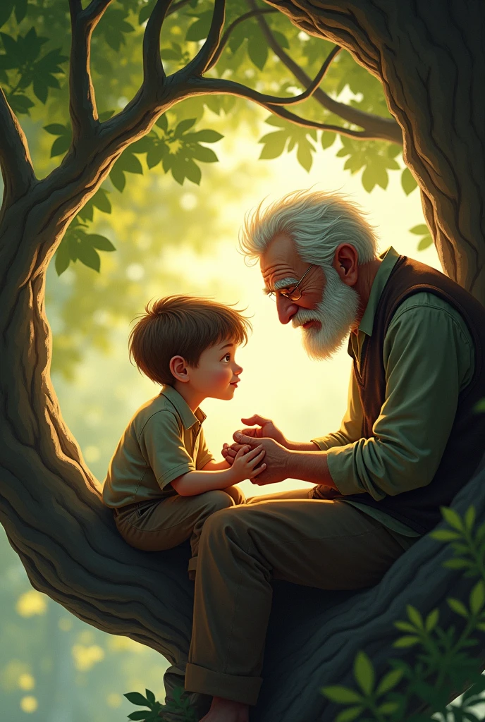 A old man and  boy setting in tree