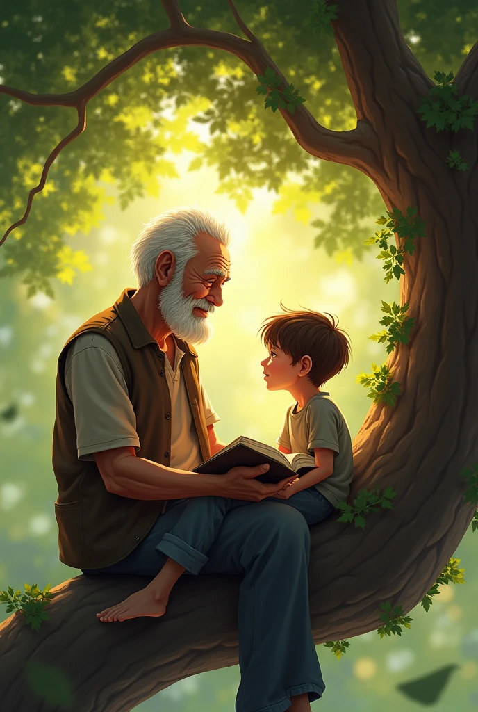 A old man and child boy setting in tree