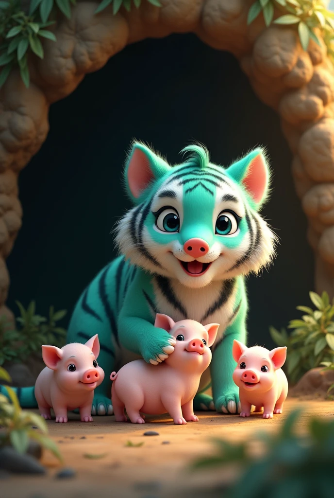 a cute and adorable tiffany green tiger, caring for a litter of baby pigs in a forest cave, smiling happily, hyper realistic, detailed, 8k, photorealistic, masterpiece, vibrant colors, natural lighting, intricate details, furry texture, forest background, cave interior, warm tones, cinematic composition