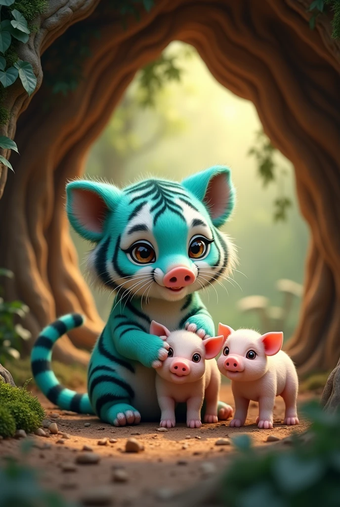 a cute and adorable tiffany green tiger, caring for a litter of baby pigs in a forest cave, smiling happily, hyper realistic, detailed, 8k, photorealistic, masterpiece, vibrant colors, natural lighting, intricate details, furry texture, forest background, cave interior, warm tones, cinematic composition