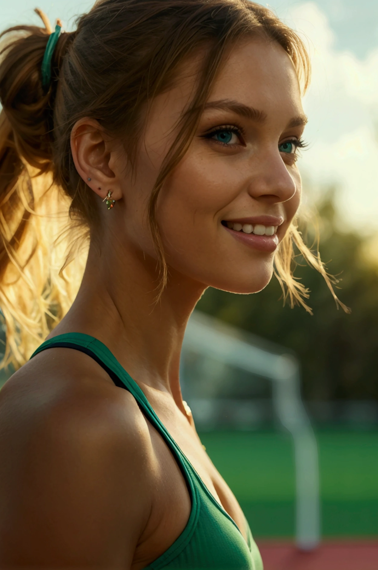 girl, 25 yearsold, perfect hand, perfect footh, perfect tooth, perfect body, sun, seductive smile, green eyes, longeyelashes, makeup, fair hair, earrings, do sport, sport clothe, réaliste, fit body, sport, réaliste style, natural, sport hall, people, bottle, ponytail, high details, best quality, anatomically correct