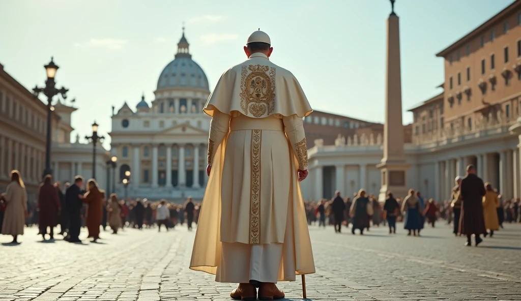 The camera is on the ground and the focal point of the image is the back view of Pope's wearing a laceless, brown, high-top leather boots, typical of field workers. The Pope wears a white tunic decorated with papal insignia, a cloak and a long golden papal scepter next to him . The background is a panoramic view of St. Peter's Square in the Vatican, crowded with tourists. The scene captures the moment of religious significance and the historical and artistic richness of St. Peter's Square. Ultrarealistic Ultrarealistic photo, 16k, ultra high resolution, photorealistic, Ultra HD.