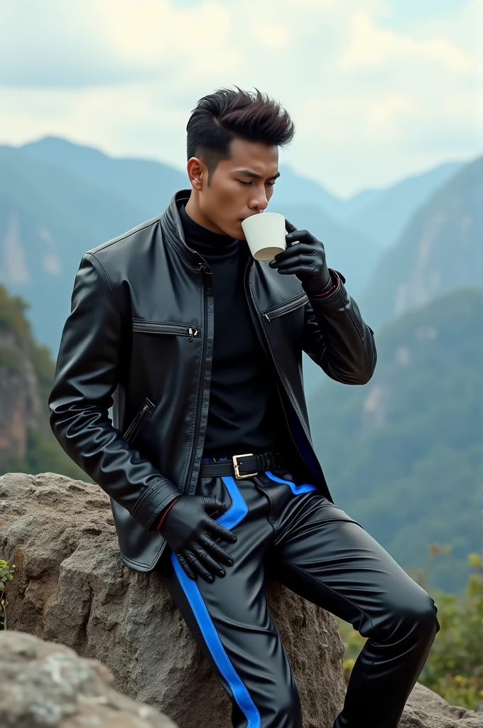 a handsome Indonesian man, wearing a shiny black metallic plastic moon jacket,black metallic plastic trousers with blue accent lines, leather gloves, shoe,enjoying a cup of coffee in the mountains