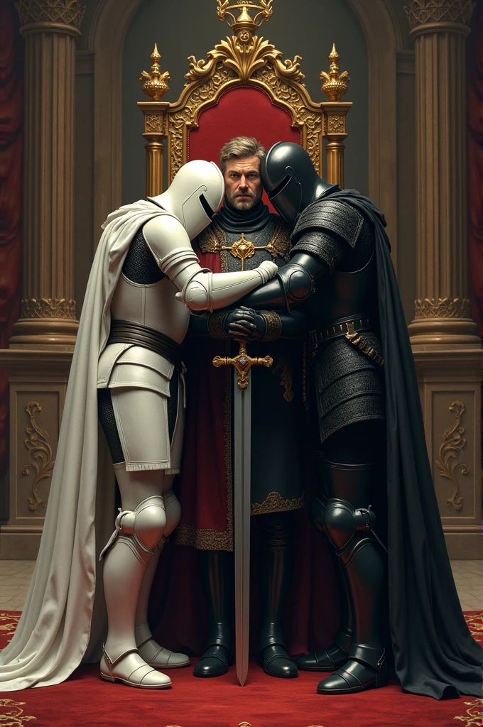 The White Knight and the Black Knight are hugging the king.