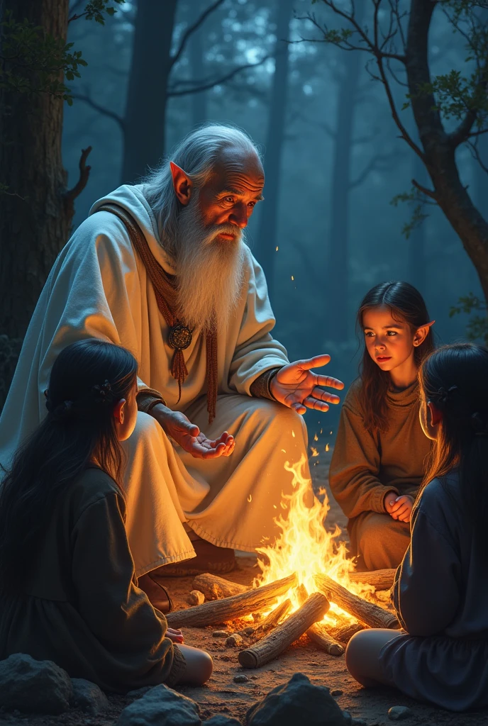 Describe how the legend of the dark elf wizard Elren is told in Elfin. On price, elf children sit around a campfire while an elderly elf wizard in a white cloak narrates the story of Elren, The flames of the bonfire dance and cast shadows on the surrounding forest, creating an air of mystery and warning about the danger of pushing the boundaries of magic.