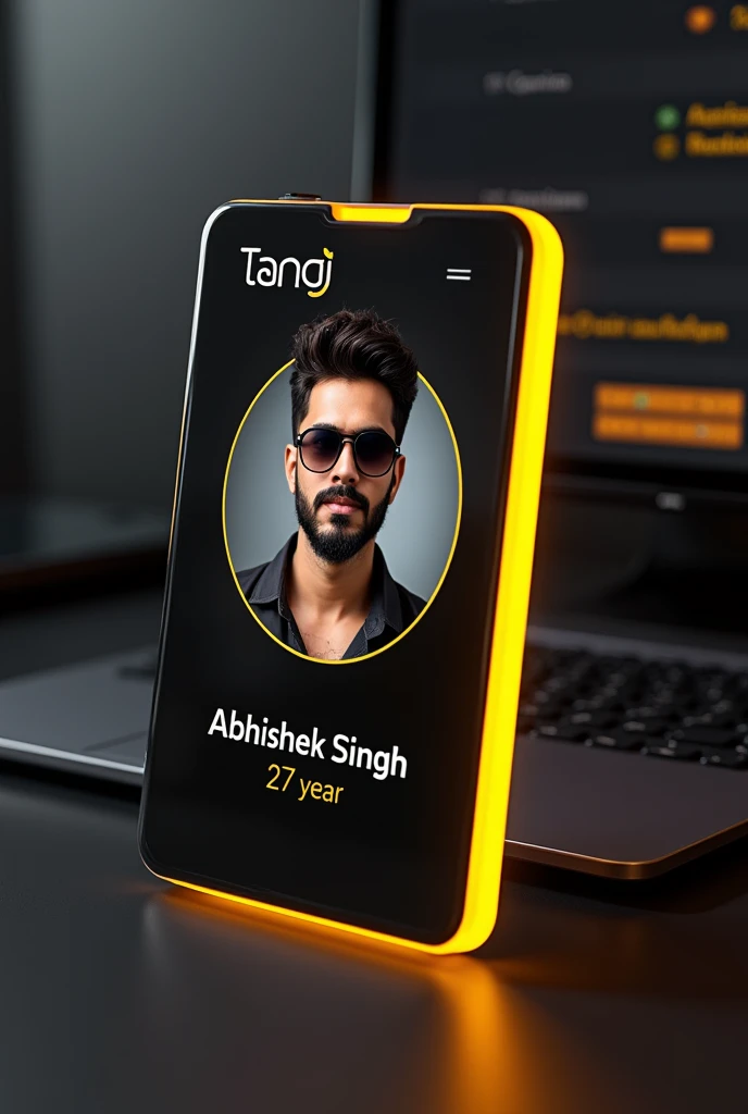 create a tango profile on glass id card on a black desk displaying Tango logo and realistic profile photo of a boy with beard with sunglasses in circle and "ABHISHEK SINGH" is written in bold fonts under the profile photo, mention "27 year" age, the Tango card is glowing in yellow color on the edge.