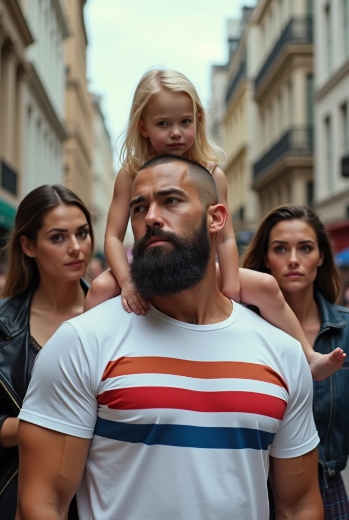 Asian man with buzzcut and full Viking beard looking away from camera wearing white t-shirt with red blue horizontal stripe. A Scandinavian blonde girl sitting on his shoulders. A brown haired woman smiling at him seductively. London setting