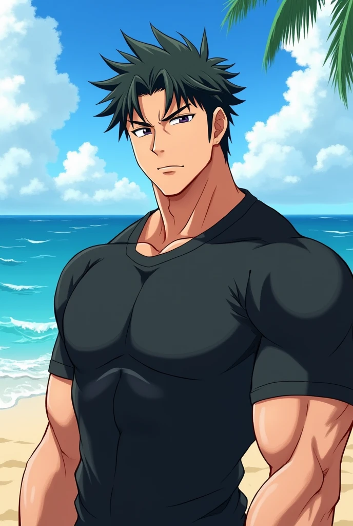 (Anime profile picture) Manjiro Sano at the beach wearing a black t-shirt with yuta okutso's hair. It is the middle of the day. He is facing toward the camera. He is jacked