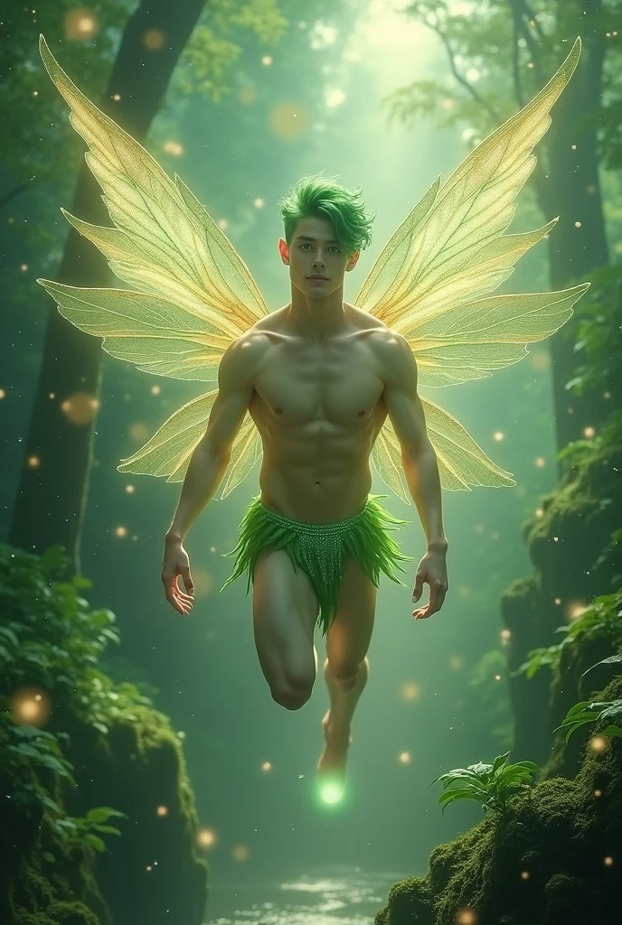 (Jimmy eco: 1.6), full full body shots photorealistiic young man, forest fairy prince , 1, milk white skin, green hair, shirtless, 6-pax abs, (full body shot), young boy, flying over the City. Smiling,, 1, beutiful, perfect, milk white skin, handsome and ver hunky body, very detailed green eyes, very pale skin, barefoot in a forest, , wearing green thong underwear beige leafy sparkling wing, . (masterpiece:1.4, best quality), (intricate detail), Unity 8k wallpaper, Ultra Detailed, (abstract art:1.2), (Anato Finnstark style:1.3), boy from another dimension, a symphony of iridescent colors merging and shifting seamlessly, dynamic pose with rotating patterns of energy around you, a mix of determination and serenity in his expression, a general feeling of transcendence and exploration, consumed by inner darkness, empty waiting you, (Beautiful cosmic eyes), perfect lighting, perfect shading,,