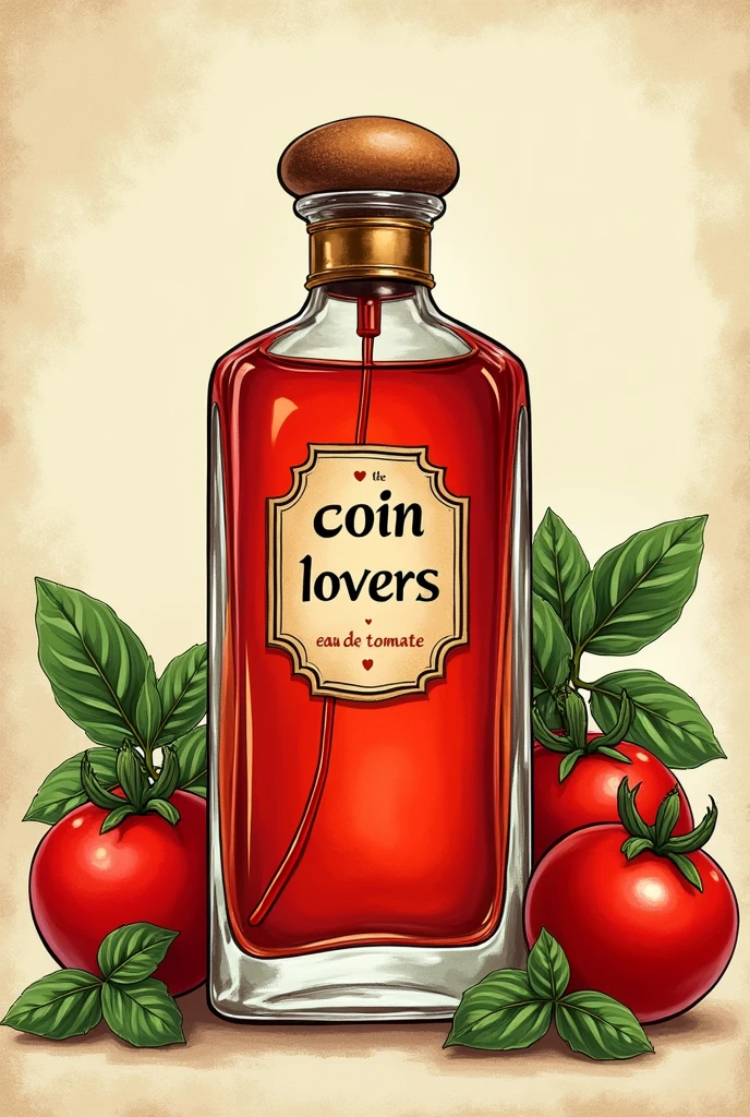 Image illustrations vintage d’un flacon de parfums, transparent rouge, inscrit sur le flacon « Coin Coin Lovers » « Eau de Tomate », en arrière plan des tomates et du basilic frais