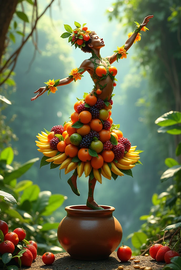 A humanoid figure made of fruit dancing on a pot, Rain forest background
