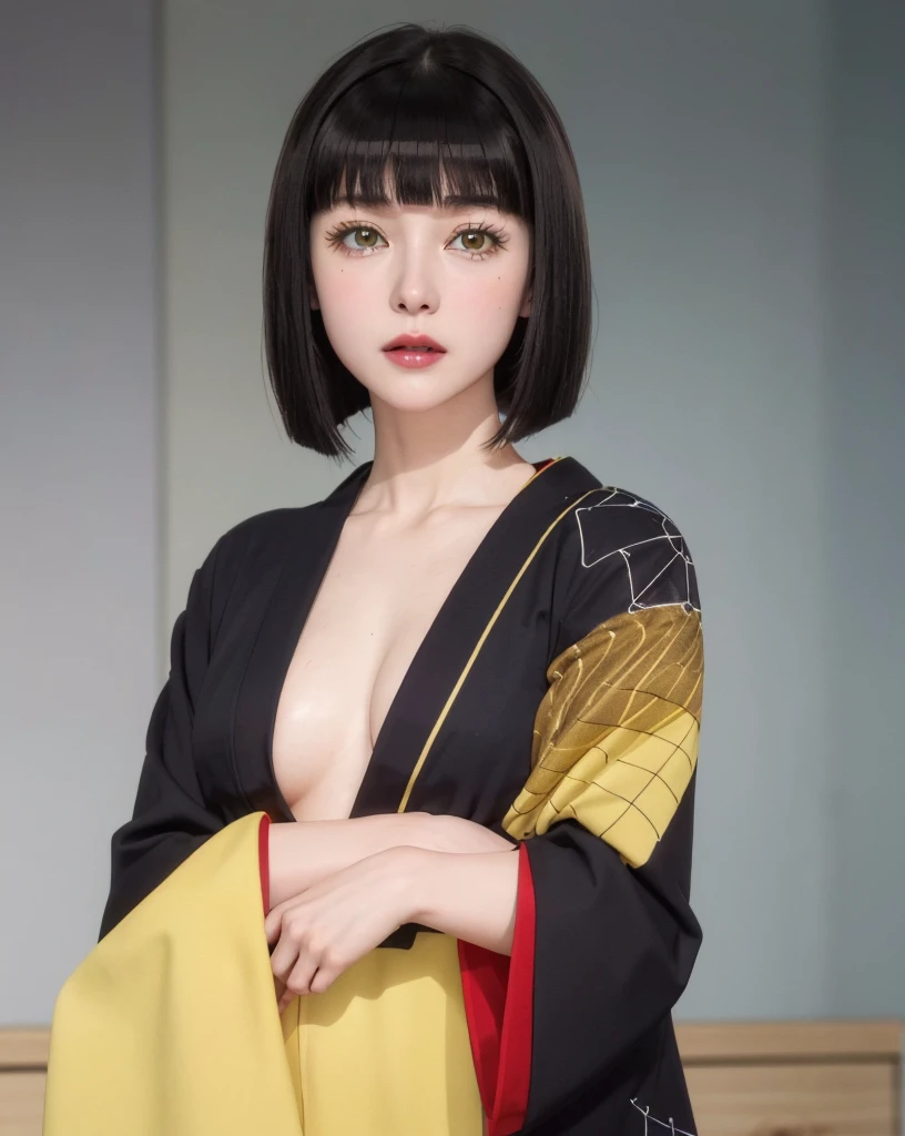 First Person View, (masterpiece:1.3), High resolution, Very detailed, Very detailed CG Unity 8k wallpaper, Realistic, photo-Realistic, RAW Photos, Beautifully detailed face, Pale skin, Realistic glistening skin, Detailed cloth texture, Detailed hair texture, Perfect body, Beautiful Face, Accurate, Anatomically correct, Highly detailed face そして skin texture, Natural neck length, (Beautiful Hそしてs), (Fair skin:1.2), Thin legs, Thin legs, Good teeth alignment,
break,
fine grain, Symmetrical eyes, Bright Blue Eyes, double eyelid, Thin eyebrows, (Glossy Lips:1.4), (Sleepy face:1.2), (blush:1.3), (makeup:1.3), (yellow eyes:1.3),
break,
(elegantでキュート:1.3), elegant、Toned Abs, Beautiful clavicle,
(Black Hair, Straight hair, short hair:1.2), ((Asymmetrical bangs:1.2)),
break,
View your audience, from the front,topless, (Accentuate your breasts:1.3), (Kneelist:1.3), (kimono:1.3),