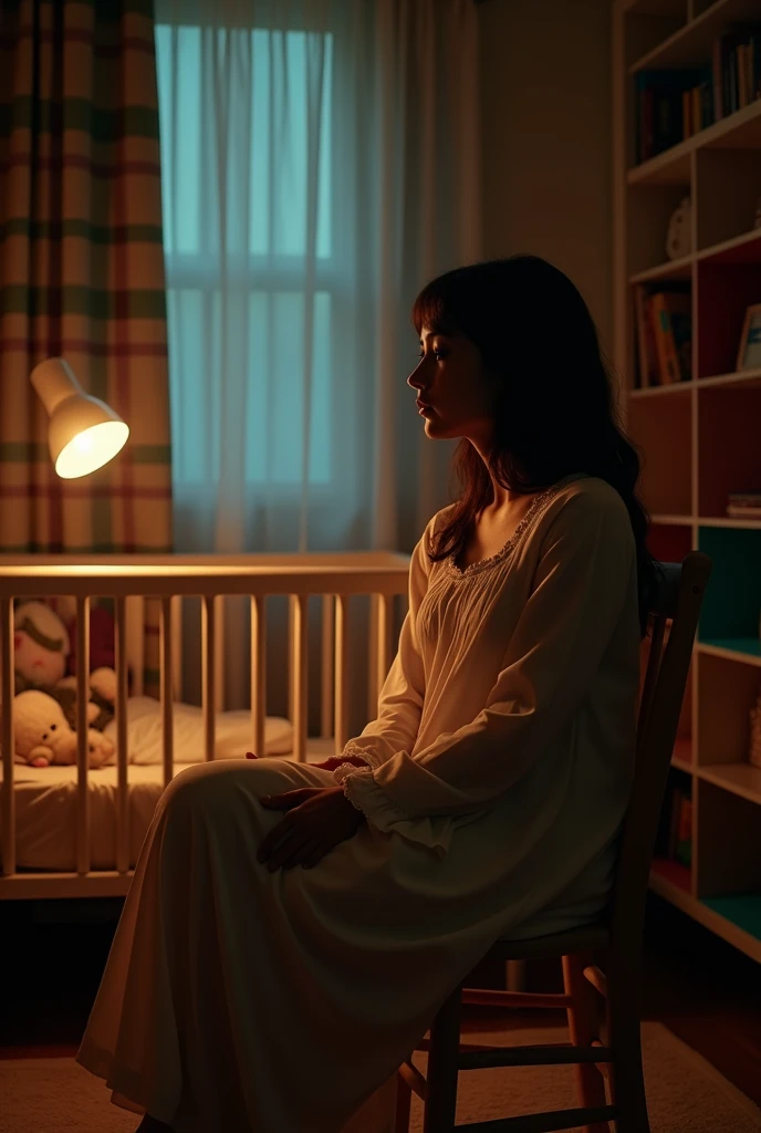 Cinematic, A dimly lit bedroom scene captured in a late evening ambiance. The central focus is on a woman sitting on a wooden chair, side profile view, dressed in a long, flowing nightgown, partially illuminated by a soft, warm glow from a nearby table lamp placed on a nightstand. The light casts shadows that play against the room's details. On the left side of the scene, a baby crib is visible, holding a small stuffed animal, suggesting a child's presence. The background features a plaid-patterned curtain in shades of green, red, and beige behind the woman, adding a homely atmosphere. To the right, a bookshelf with various colored compartments is partially visible, adding a splash of color to the muted tones of the room. The overall mood is quiet and introspective, with a subtle hint of mystery