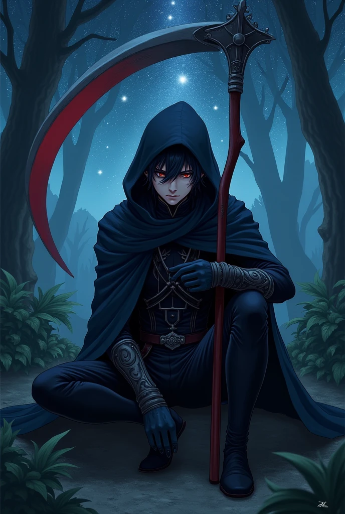Male anime character holding a scythe he is an assassin sitting in a natural scenery at night with the sky filled with shooting stars