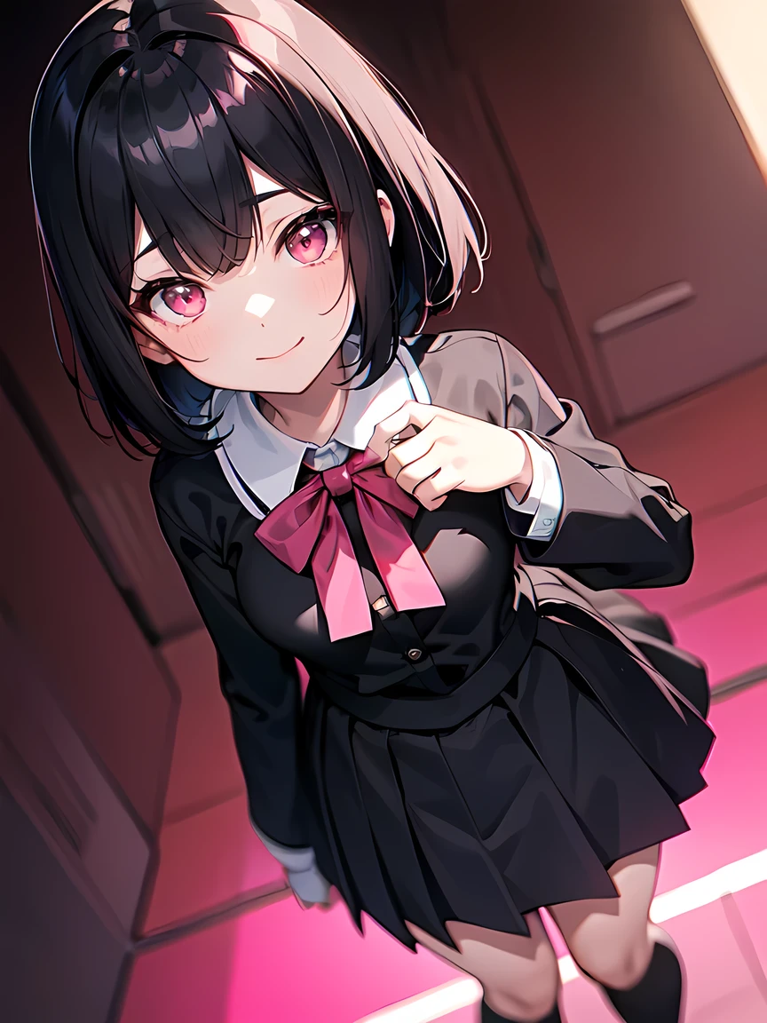Short black hair、（Glowing pink eyes、Black blouse、school uniform:1.3）、Early teens、Mouth closed、smile、Short stature:1.2、Small breasts、Anime Style、Carnivorous plants:1.1