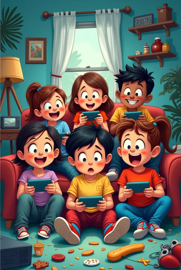 make a cartoon analysis about type of media Generate an image of those kids playing online games instead of childhood games