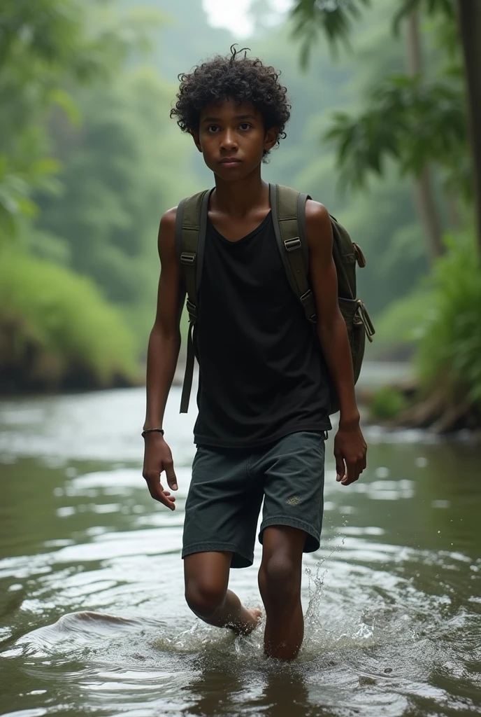 Photorealism 1.4 realistic realism high detailed definition Malaysian orang asli native aborigines wearing sleeveless black shirt short crossing river with backpack river with smile Face dark skin curly short hair 
