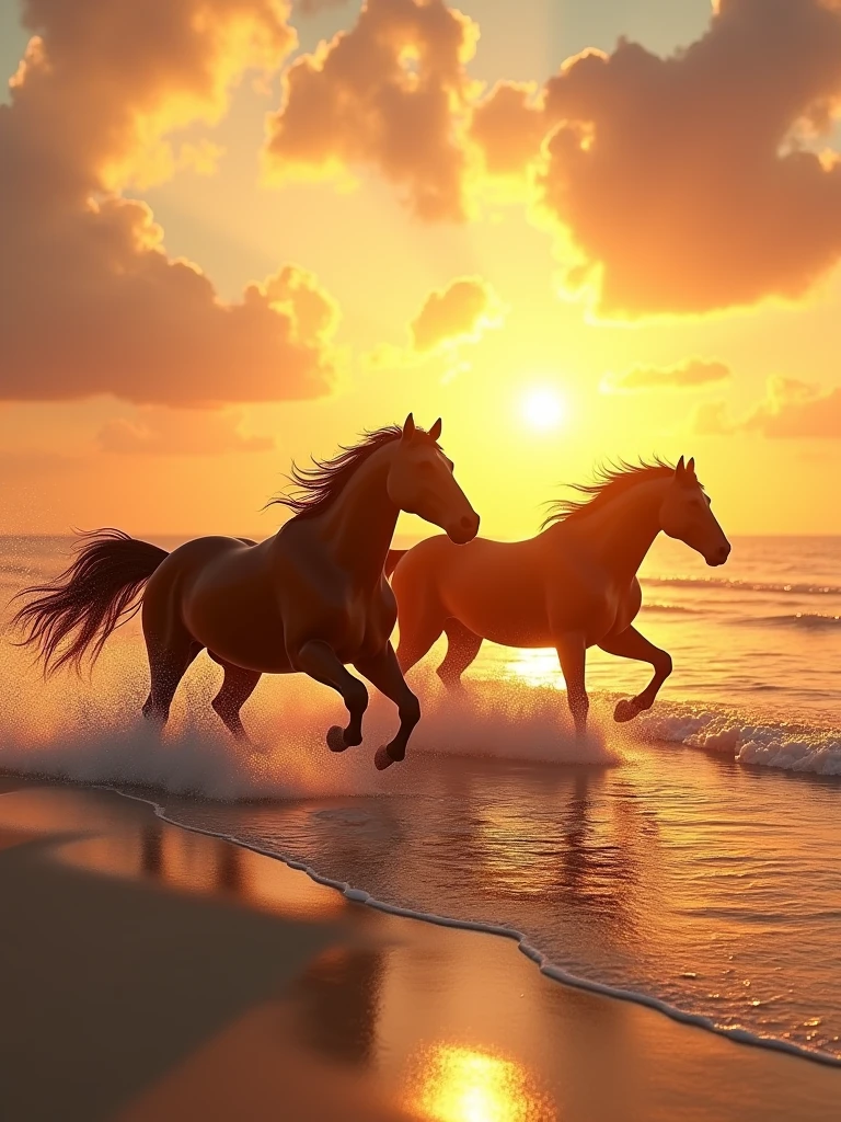 sunset at a beach, horses running along the surf, golden rays scatter the sky, silver lined clouds