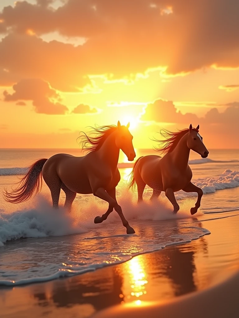 sunset at a beach, horses running along the surf, golden rays scatter the sky, silver lined clouds
