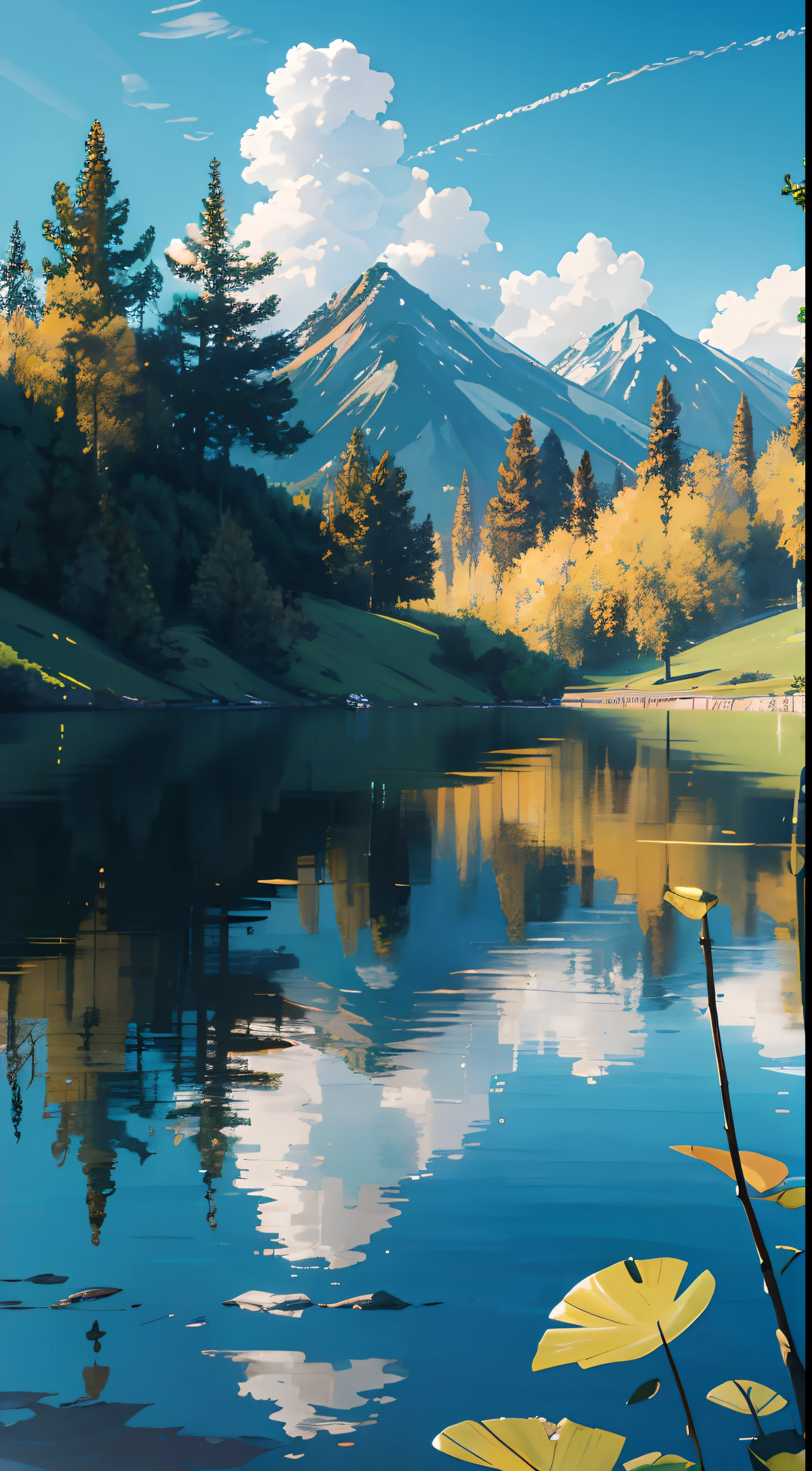 , masterpiece, best quality, 8k, Ridiculous, water surface, summer, noon, Sunlight, blue sky, view, Depth of Field, High resolution, Exquisite details, Super detailed, Serenity and sharp focus on sun-beating lake surface, where a person stands on the leaves, Highlight the following elements:
The lake should be calm、clear way to depict, reflecting the Sunlight.
The sun should be obvious, Radiate light onto the scene.
The person should be at the top of the leaf, Conveys a sense of balance and connection to nature.
The environment around a lake may contain natural elements such as trees, flowers or mountains in background.
Use soft and harmonious colors to convey the tranquility of the scene.
Ensure the image is visually pleasing and conveys a sense of tranquility. |