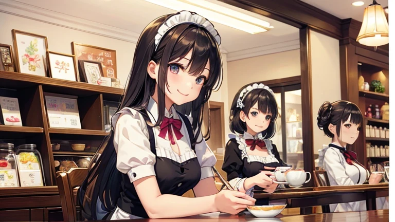 In the maid café、Please draw an illustration of a smiling woman in a maid uniform serving tea to a customer.。The woman has a gentle expression、I enjoy talking to customers。In the background、The interior of the store is depicted with counters and decorations.。