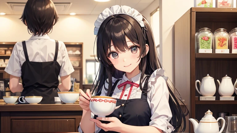 In the maid café、Please draw an illustration of a smiling woman in a maid uniform serving tea to a customer.。The woman has a gentle expression、I enjoy talking to customers。In the background、The interior of the store is depicted with counters and decorations.。