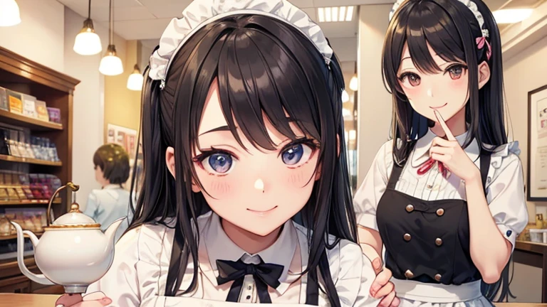 In the maid café、Please draw an illustration of a smiling woman in a maid uniform serving tea to a customer.。The woman has a gentle expression、I enjoy talking to customers。In the background、The interior of the store is depicted with counters and decorations.。