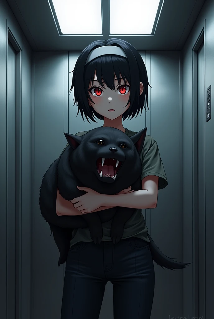 Anime girl with short black hair and red eyes, her bangs tied with a headband, 1, wearing boyish clothes, standing in an elevator, has sharp features and carries a scary black monster the size of a dog