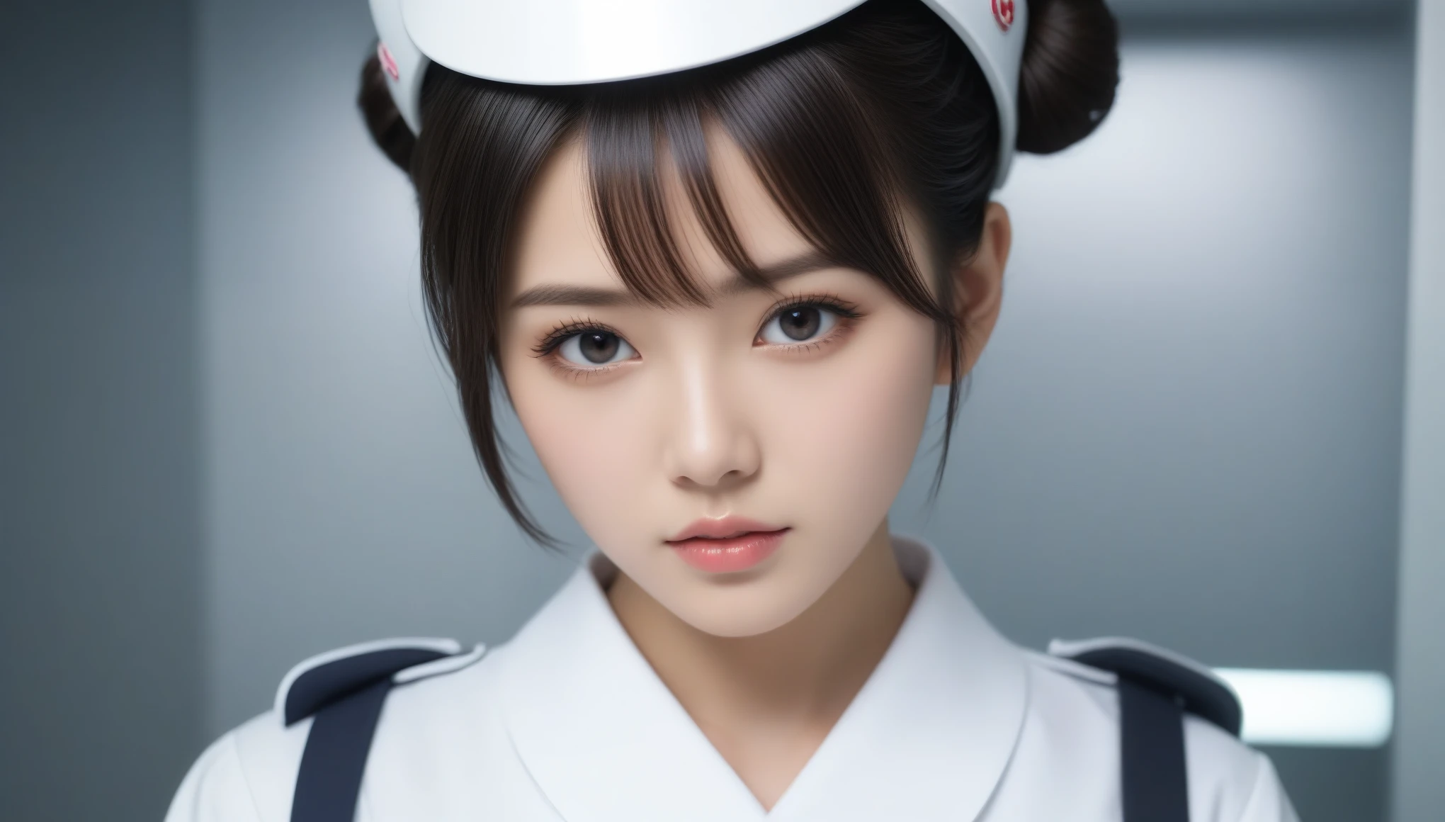 8k, Ultra-high resolution, Highest quality, masterpiece, 三分割法によるphotograph,Surreal, photograph, 1 , (:1.3), cute, cute顔, 細部までBeautiful Eyes, 細かくdetailedに,masterpiece,One Girl:1.2,Japanese women,nurse,upper body,glaring,Black short hair,half updo,ID photo,(Futuristic nurse uniform:1.3),cyber punk,Medical Treatment Room,white collar,(Beautiful attention to detail),Subtle details, detailedな顔,anger,Attractive eyes,(ポートレートphotograph:1.4),(Photorealistic images:1.4),Fantasy art,(Beautiful Face:1.4),美しくAttractive eyes、Beautiful Eyes,Silver residue,(Tight waist:1.4)、(Beautiful with perfect body proportions:1.4),Pink Lips,profile,(((Ideal body type))),A-cup small breasts :2,、Portraiture:2、Perfect Anatomy、鮮明なdetailed、detailed,Fashion magazine cover,Thin lips,完璧でBeautiful Face ,完璧でcute顔, Skin with attention to detail, Perfect limbs、Narrow waist,Surreal,Light and shadow,spotlight