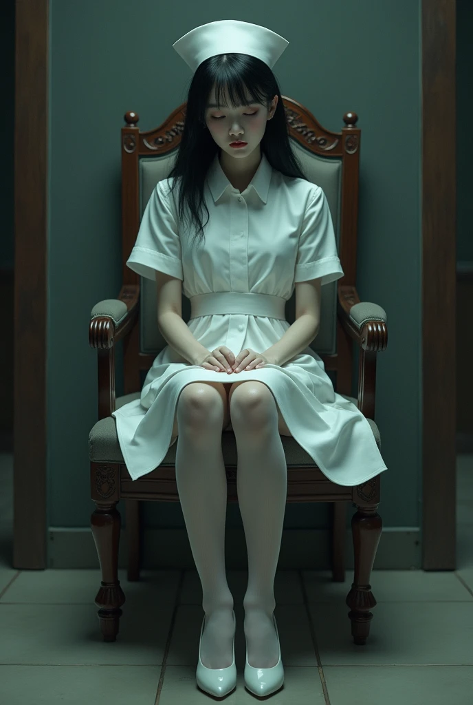 Chinese, young woman, nurse clothes, nurse hat, white pantyhose, high heels, dead, on a chair, eyes closed
