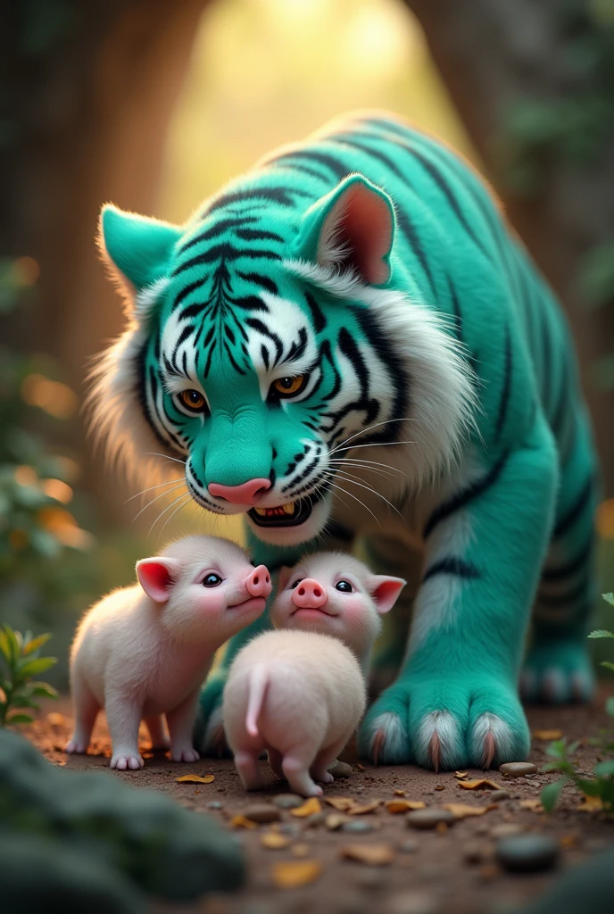 a cute and adorable tiffany green tiger, caring for a litter of baby pigs in a forest cave, smiling happily, hyper realistic, detailed, 8k, photorealistic, masterpiece, vibrant colors, natural lighting, intricate details, furry texture, forest background, cave interior, warm tones, cinematic composition,Tigers don’t want pig noses