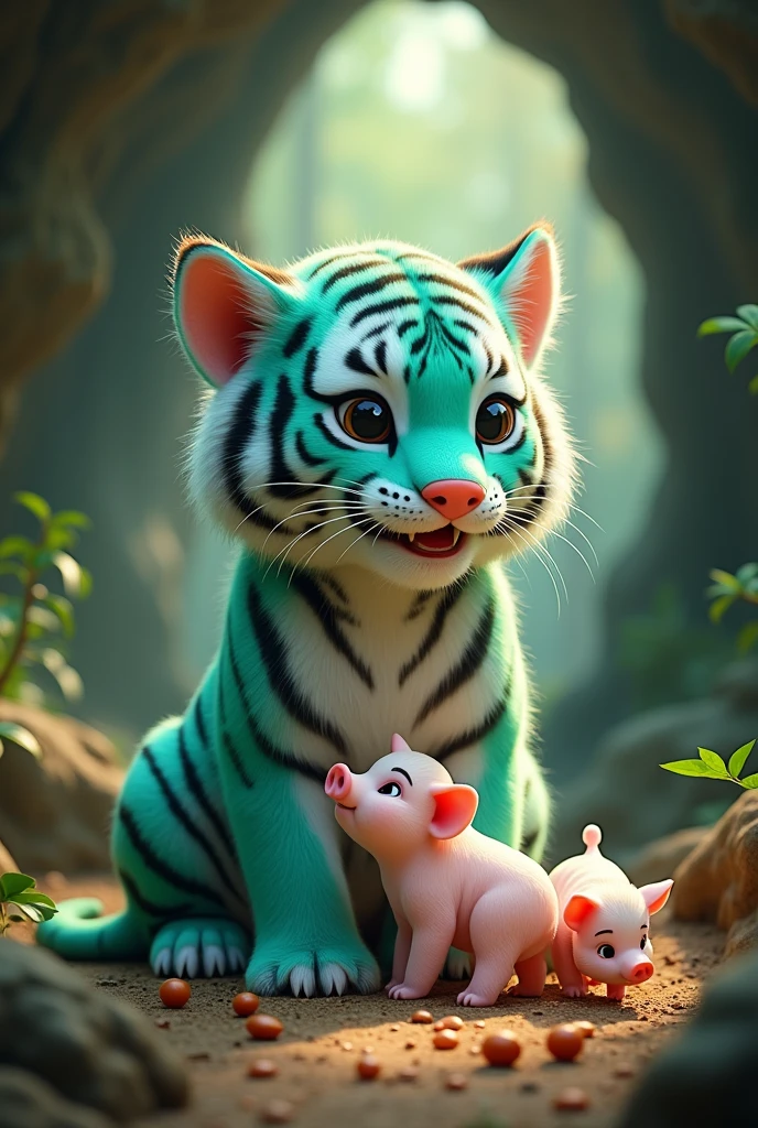 a cute and adorable tiffany green tiger, caring for a litter of baby pigs in a forest cave, smiling happily, hyper realistic, detailed, 8k, photorealistic, masterpiece, vibrant colors, natural lighting, intricate details, furry texture, forest background, cave interior, warm tones, cinematic composition,Tigers don’t want pig noses