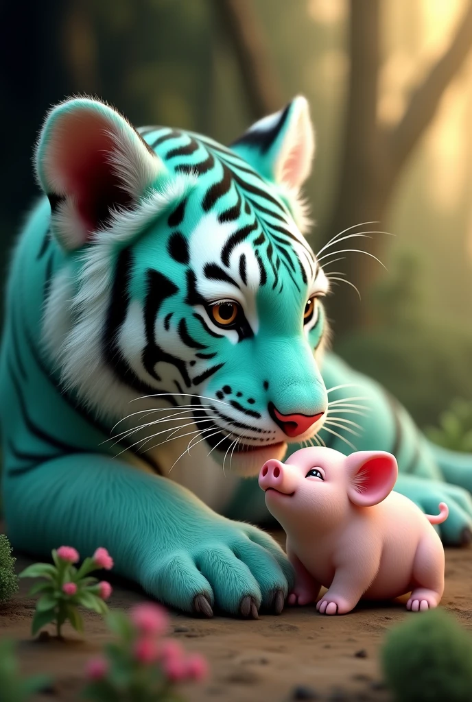 a cute and adorable tiffany green tiger, caring for a litter of baby pigs in a forest cave, smiling happily, hyper realistic, detailed, 8k, photorealistic, masterpiece, vibrant colors, natural lighting, intricate details, furry texture, forest background, cave interior, warm tones, cinematic composition,Tigers don’t want pig noses