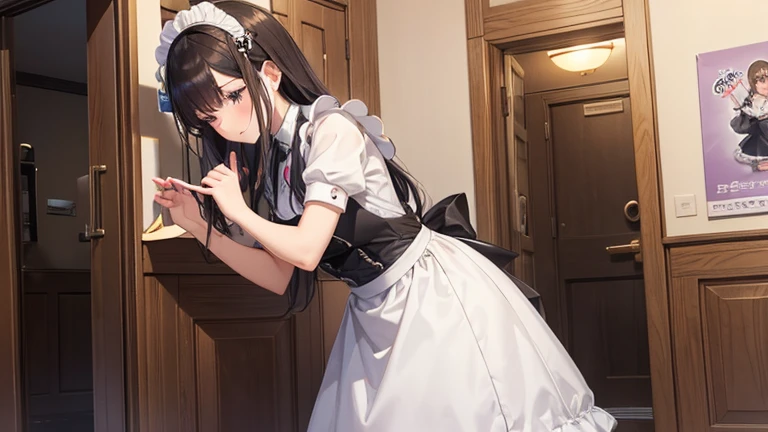 A woman in a maid outfit、Please draw an illustration of a maid welcoming customers at the entrance of a maid cafe.。The woman is bowing with the hem of her apron slightly raised.、It expresses a scene that conveys a warm atmosphere.。In the background、You can see the maid cafe logo and signs.。