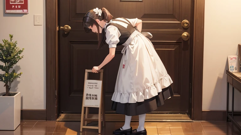 A woman in a maid outfit、Please draw an illustration of a maid welcoming customers at the entrance of a maid cafe.。The woman is bowing with the hem of her apron slightly raised.、It expresses a scene that conveys a warm atmosphere.。In the background、You can see the maid cafe logo and signs.。