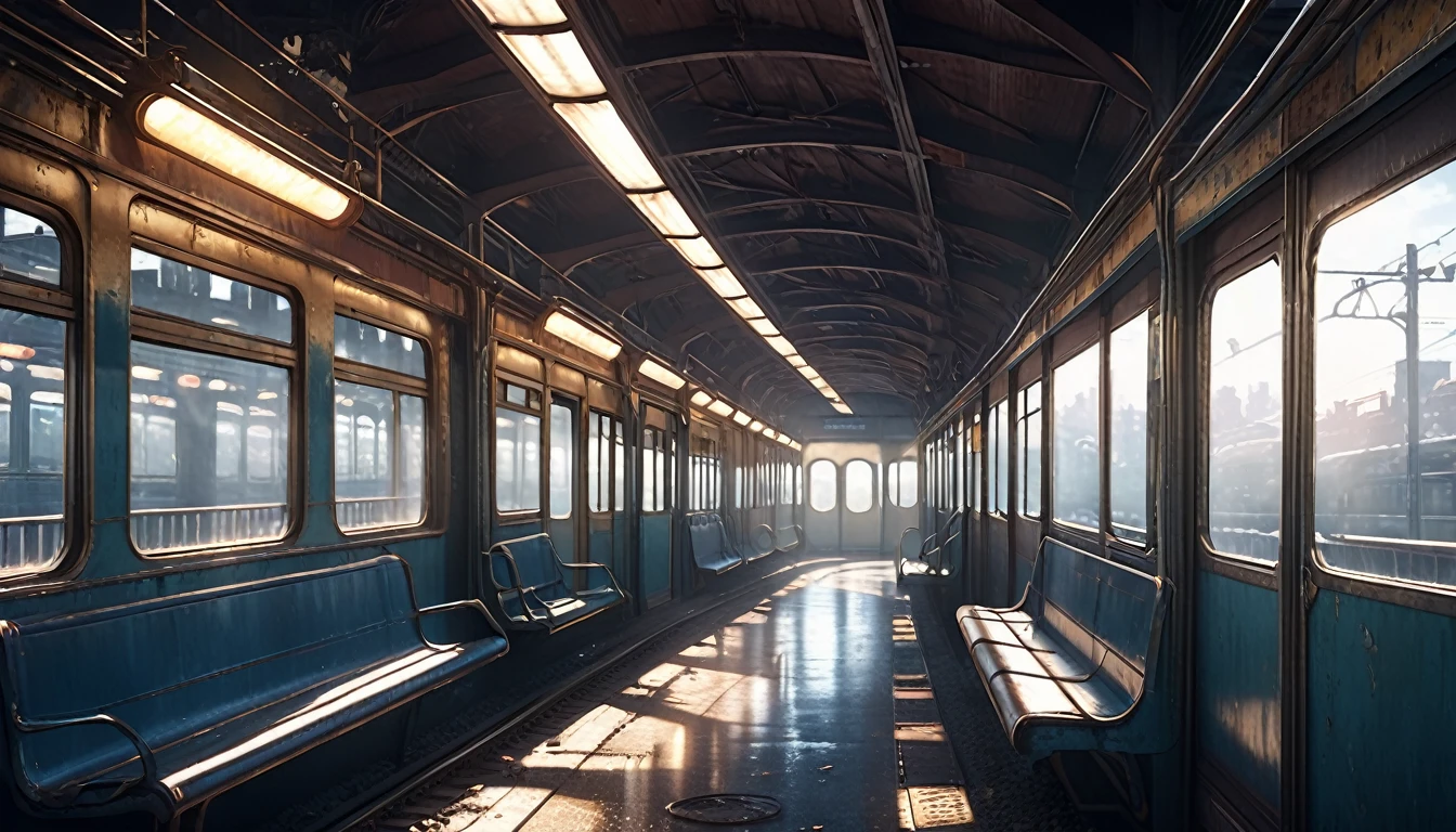 a serene abandoned subway train station, empty train platform,view from inside a train carriage, looking out of the window,highly detailed,anime style,atmospheric lighting,cinematic composition,(best quality,4k,8k,highres,masterpiece:1.2),ultra-detailed,(realistic,photorealistic,photo-realistic:1.37),soft colors,dramatic lighting,moody atmosphere,melancholic