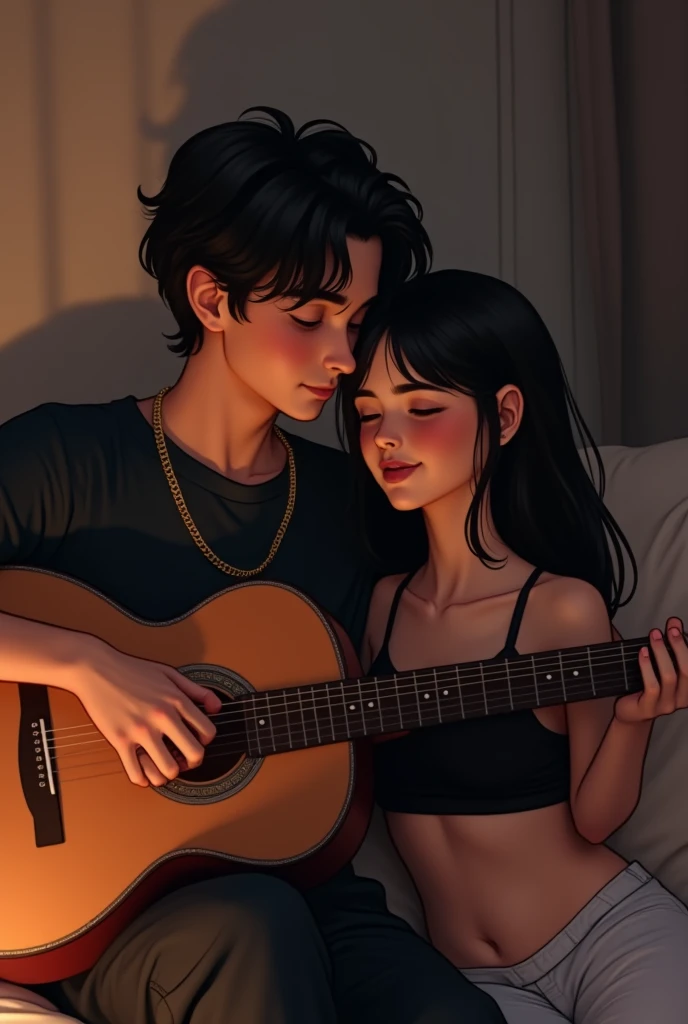 A boy with a guitar and a girl beside him laying her head on the boy's shoulder and singing in a bedroom the boy is wearing black colour kurta and gold chain in his neck and the girl is wearing black colour crop top girl has straight hair and a little bit chubby