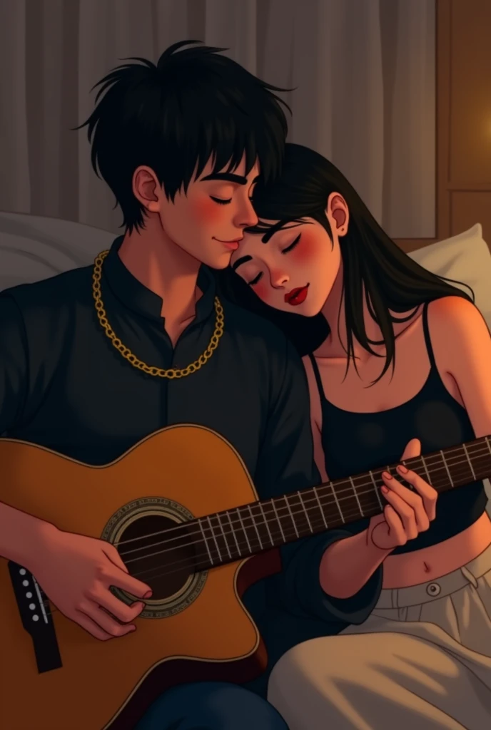 A boy with a guitar and a girl beside him laying her head on the boy's shoulder and singing  in a bedroom the boy is wearing black colour kurta and gold chain in his neck and the girl is wearing black colour crop top girl has straight hair and a little bit chubby 
