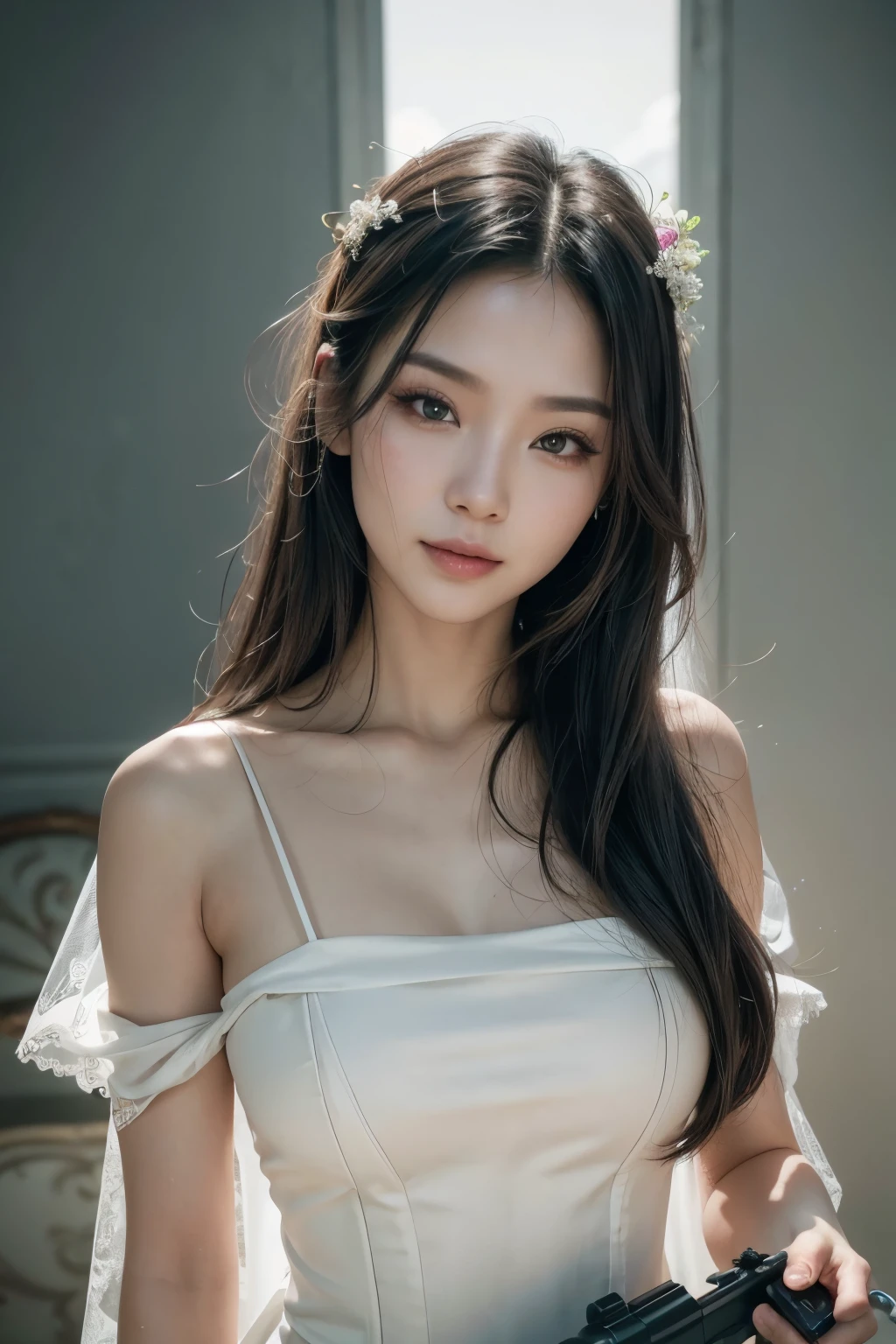 (Best image quality), (masterpiece), (vibrant, realistic photo, realistic, dramatic, dark, sharp focus, 8k), close up of face, Highly detailed face and skin texture, Sexy wedding dresses, heavenly beauty, Mature Asian Women,black long hair, assembly, sexy smile, NSFW ,close up shot, ((backlight)), holding a gun, sniper