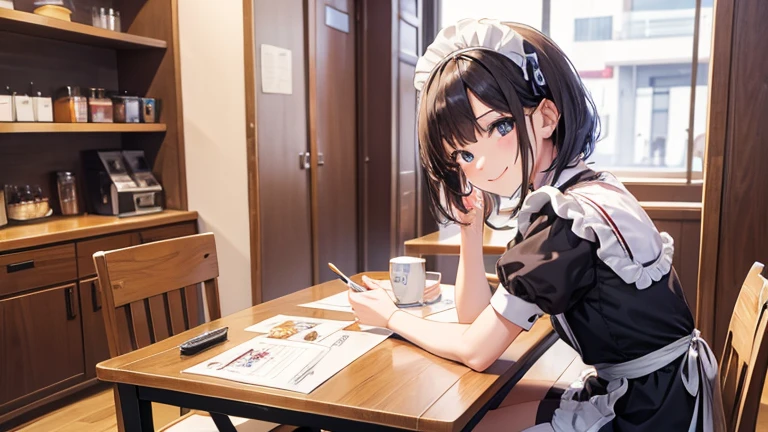 At the table in the maid cafe、Please draw an illustration of a smiling woman in a maid's uniform serving cake and tea.。Women want customers to have fun、We provide services with all our heart.。In the background、The antique-style interior and other guests enjoying themselves are depicted.。