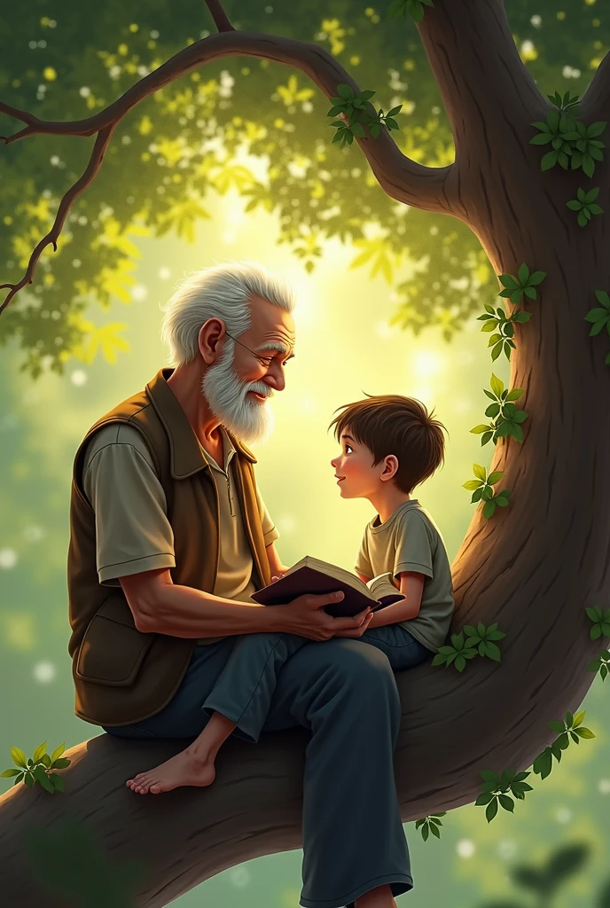 A old man and child boy setting in tree