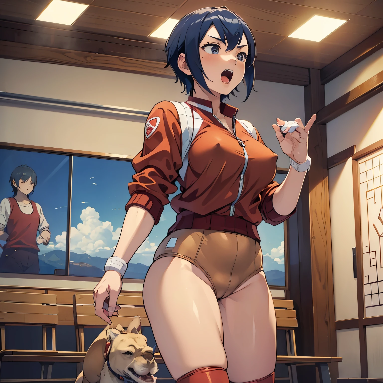 (masterpiece), best quality, expressive eyes, perfect face,solo,1girl, (screaming Natsu Ayuhara open thighs), ,ayuhara natsu blue short hair, (red jacket) short shorts bandages (knee pads) sneakes,gymnasium ceiling,(camel toue),(puffy nipples),赤いブルマ,manspread,