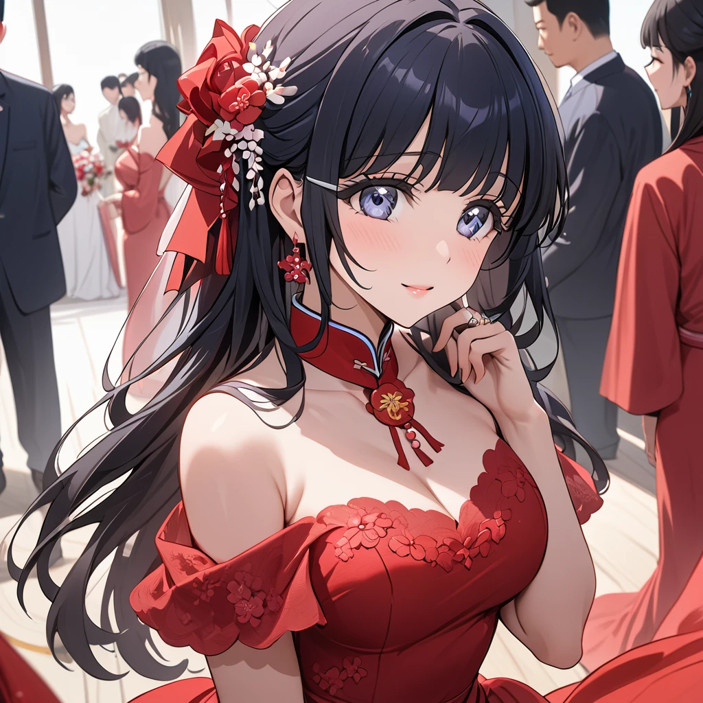 ((Highest quality)), ((masterpiece)), (detailed), （Perfect Face）、The woman is Aoki Reika, with medium-long hair, wearing a red wedding dress and an engagement ring.、The woman married a Chinese Communist Party member and had a lavish wedding.