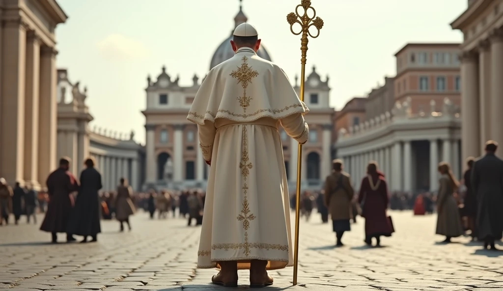 The camera is on the ground and the focal point of the image is the back view of Pope's wearing a laceless, brown, high-top leather boots, typical of field workers. The Pope wears a white tunic decorated with papal insignia, a cloak and a long golden papal scepter next to him . The background is a panoramic view of St. Peter's Square in the Vatican, crowded with tourists. The scene captures the moment of religious significance and the historical and artistic richness of St. Peter's Square. Ultrarealistic Ultrarealistic photo, 16k, ultra high resolution, photorealistic, Ultra HD.