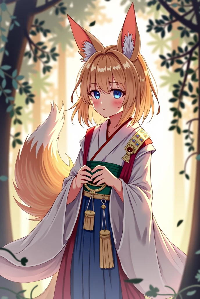 Shrine maiden costume、Blonde、Fox ears、Fox Tail、anime風、Manga style、beautiful girl、sauce_anime、sauce_comics、