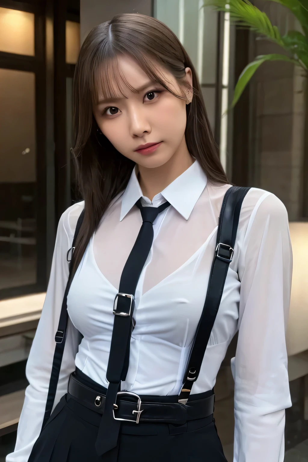 a woman in a suit, belt, hands behind back, sweating, suspenders, black pants, sexly, large breasts, see-through clothing, rain, detective, office worker, white button-up shirt, (best quality,4K,8k,highres,masterpiece:1.2),ultra-detailed,(realistic,photorealistic,photo-realistic:1.37),hyper-detailed,highly detailed face and body, Slender　thin　suspenders　Moderate breasts　See-through shirt　Nipples　holster　chain　Pistol　Armament　criminal　Female criminal　knife
