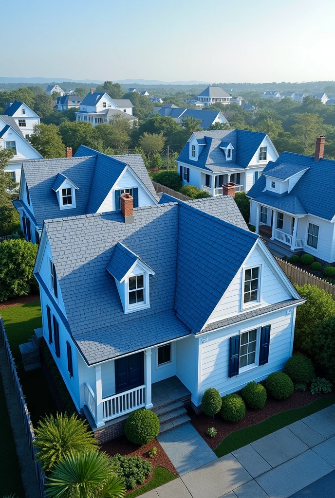 Realistic 8K image of a set of houses with colonial roofs, with a greater focus on roofs. The image must have predominantly blue colors, highlighting the architectural beauty of colonial roofs
