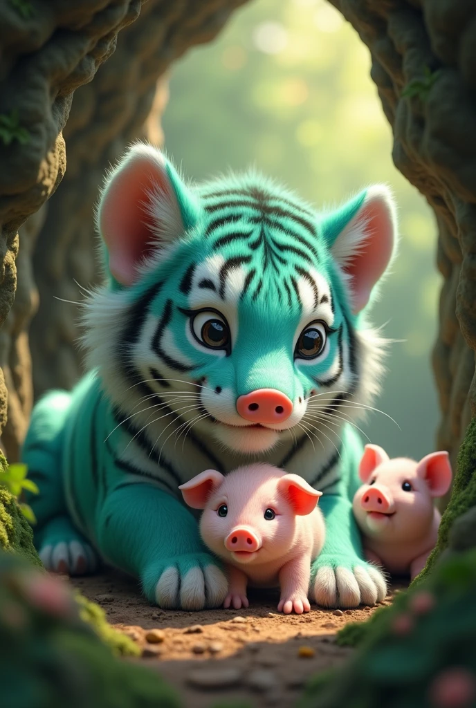 a cute and adorable tiffany green tiger, caring for a litter of baby pigs in a forest cave, smiling happily, hyper realistic, detailed, 8k, photorealistic, masterpiece, vibrant colors, natural lighting, intricate details, furry texture, forest background, cave interior, warm tones, cinematic composition,Tigers don’t want pig noses